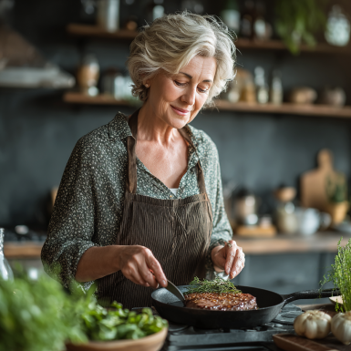 Щаслива літня пара з корисними продуктами